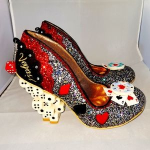 Irregular Choice Las Vegas Pumps, Size 42 Black and Red Glitter with Dice Heels